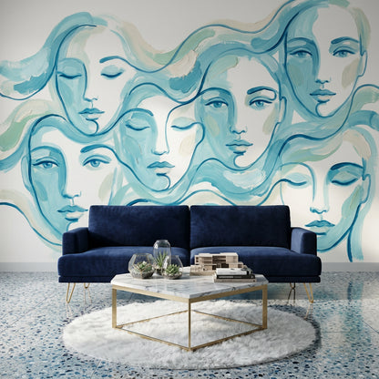 Soyut Yüz Çizimli Poster Duvar Kağıdı Mavi Modern Salon