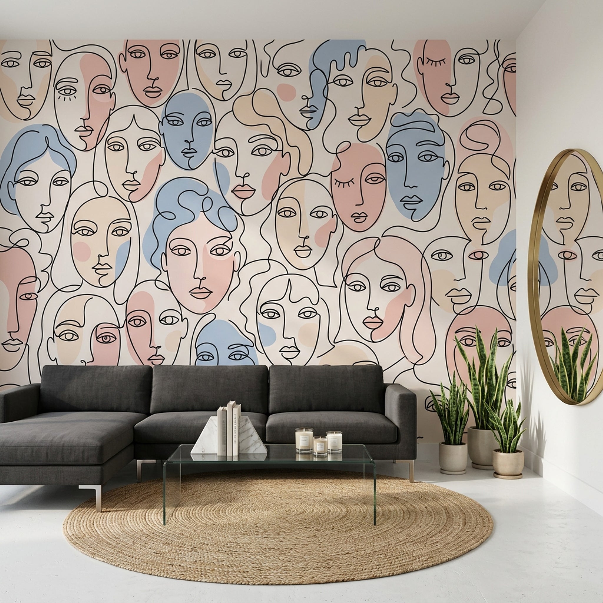 Çizgisel Yüzler Poster Duvar Kağıdı Pastel Mavi Pembe