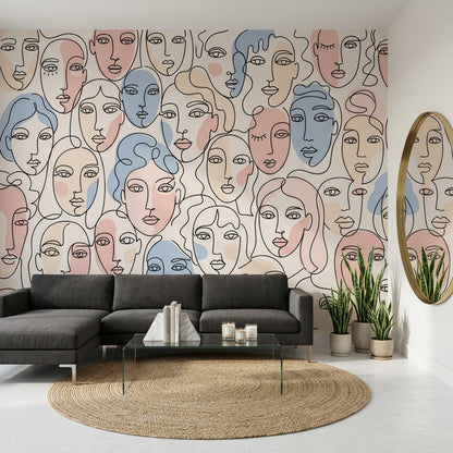 Çizgisel Yüzler Poster Duvar Kağıdı Pastel Mavi Pembe
