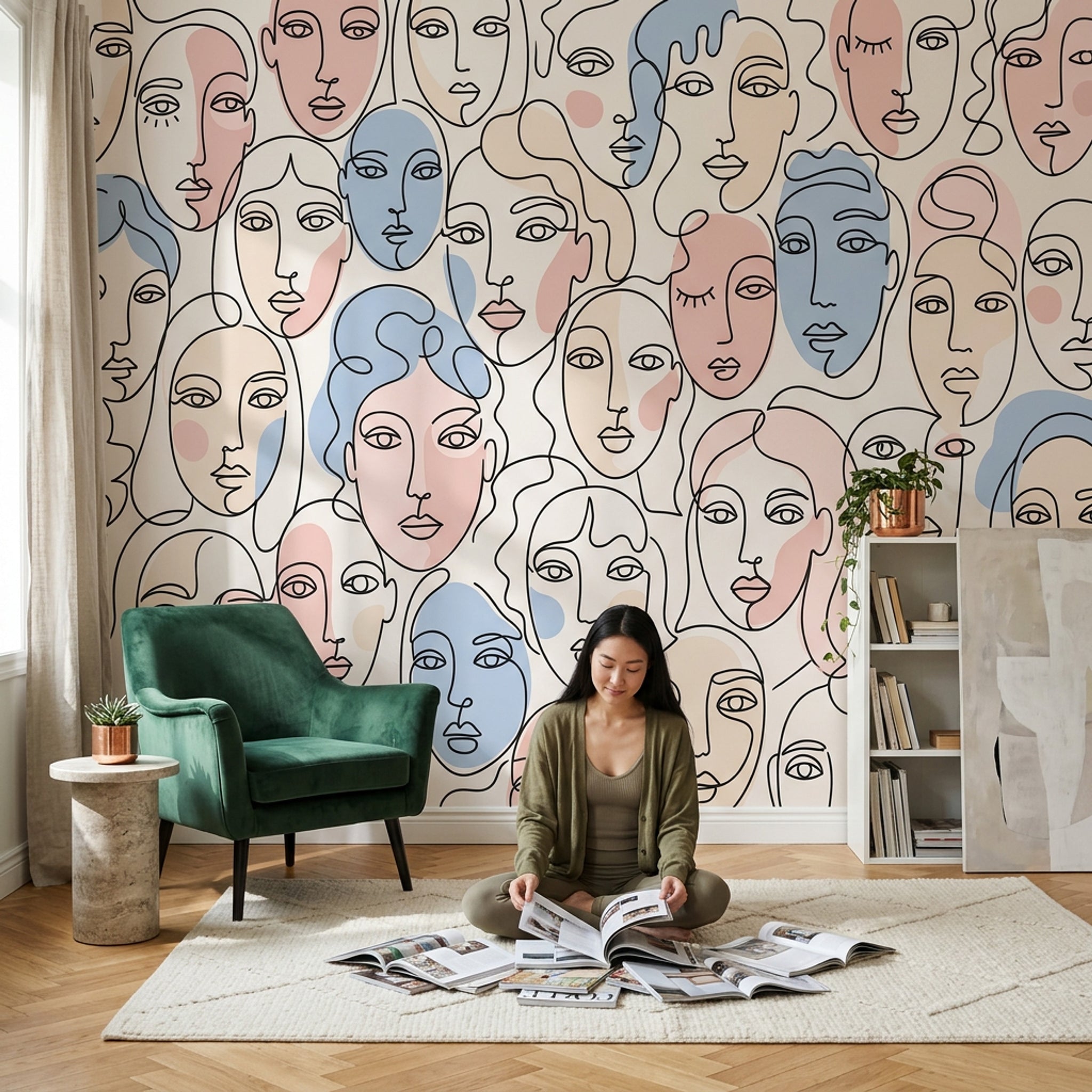 Çizgisel Yüzler Poster Duvar Kağıdı Pastel Mavi Pembe