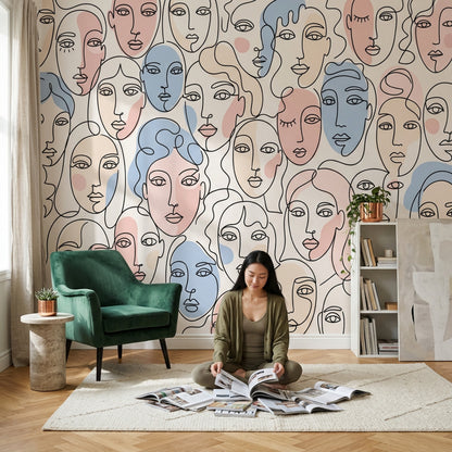 Çizgisel Yüzler Poster Duvar Kağıdı Pastel Mavi Pembe
