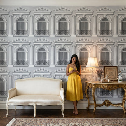 Klasik Cephe Desenli Poster Duvar Kağıdı Gri Salon Dekoru