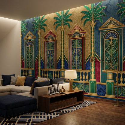 Art Deco Saray Cepheli Poster Duvar Kağıdı Lacivert Yeşil