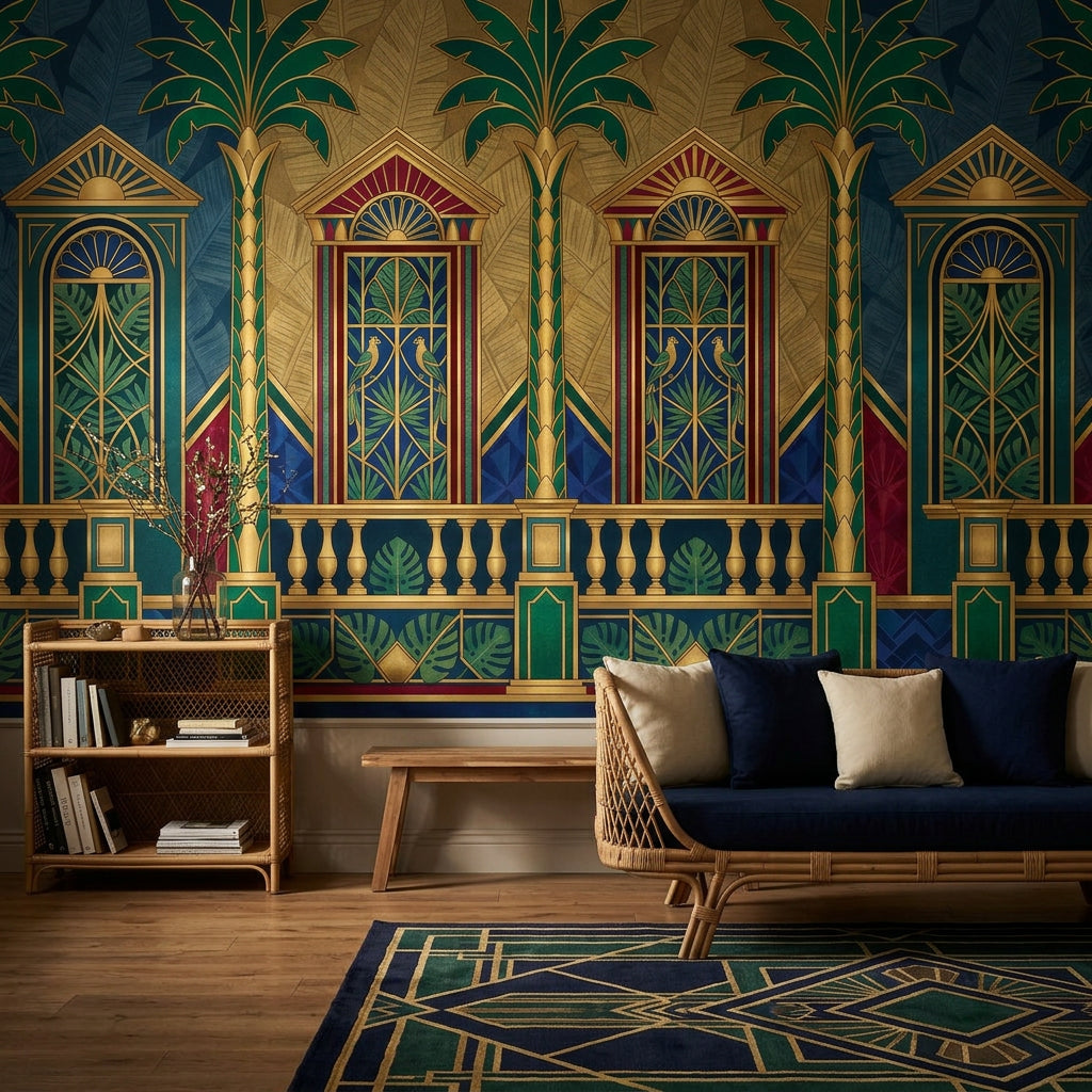 Art Deco Saray Cepheli Poster Duvar Kağıdı Lacivert Yeşil