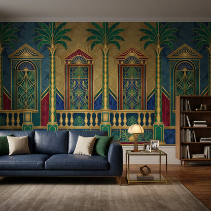Art Deco Saray Cepheli Poster Duvar Kağıdı Lacivert Yeşil