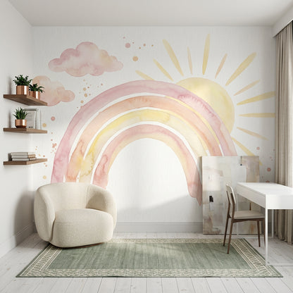 Pastel Gökkuşaklı Poster Duvar Kağıdı Bulut ve Güneş Desenli