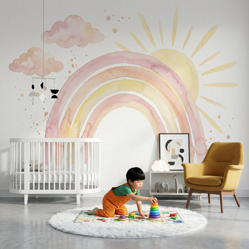 Pastel Gökkuşaklı Poster Duvar Kağıdı Bulut ve Güneş Desenli