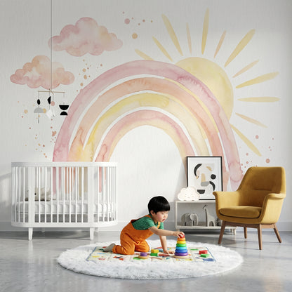 Pastel Gökkuşaklı Poster Duvar Kağıdı Bulut ve Güneş Desenli