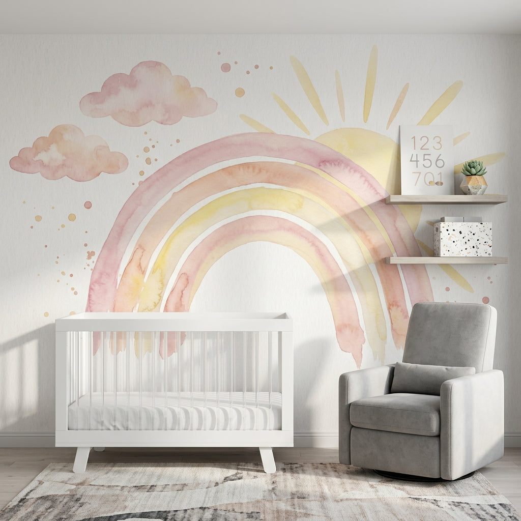 Pastel Gökkuşaklı Poster Duvar Kağıdı Bulut ve Güneş Desenli
