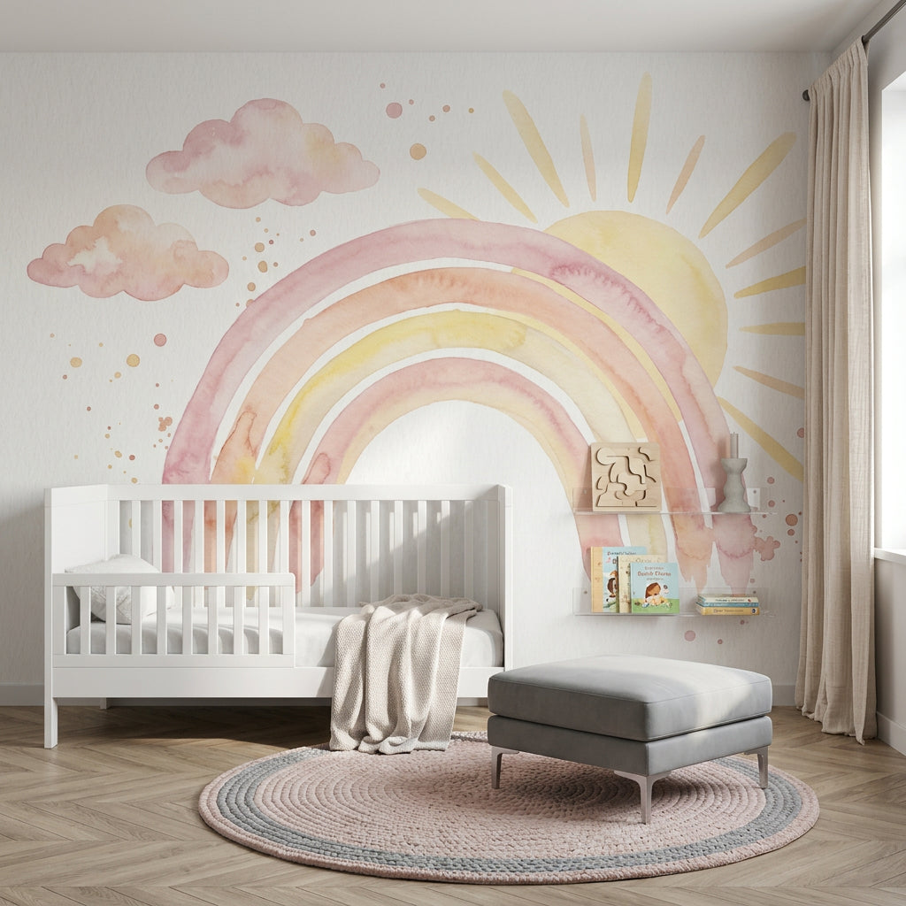 Pastel Gökkuşaklı Poster Duvar Kağıdı Bulut ve Güneş Desenli