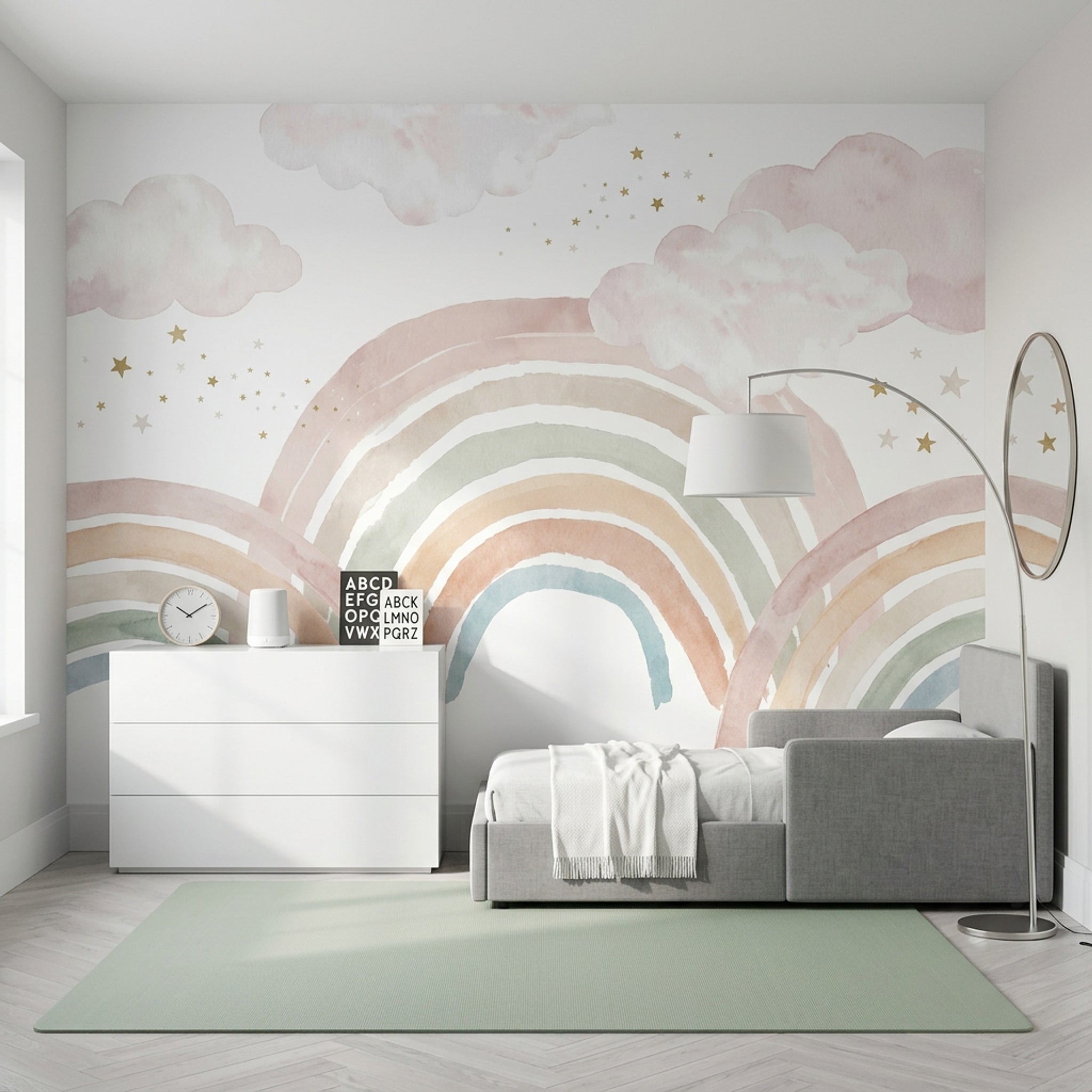 Pastel Gökkuşağı ve Bulutlu Poster Duvar Kağıdı Çocuk Odası