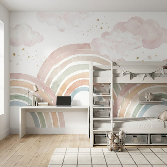 Pastel Gökkuşağı ve Bulutlu Poster Duvar Kağıdı Çocuk Odası