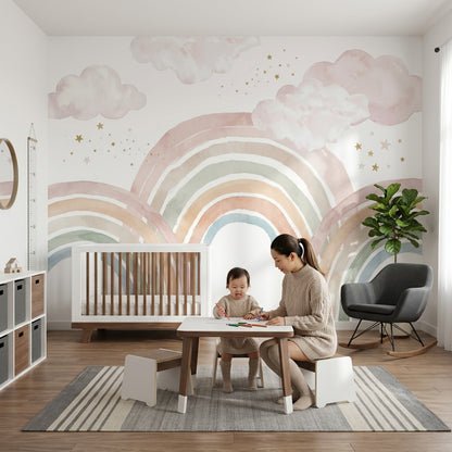 Pastel Gökkuşağı ve Bulutlu Poster Duvar Kağıdı Çocuk Odası