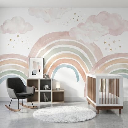 Pastel Gökkuşağı ve Bulutlu Poster Duvar Kağıdı Çocuk Odası