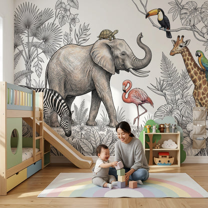 Safari Hayvanlı Poster Duvar Kağıdı Çocuk Odası Çizim Desenli