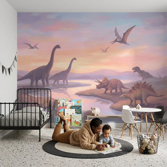 Gün Batımı Dinozor İllüstrasyonlu Poster Duvar Kağıdı Çocuk Odası