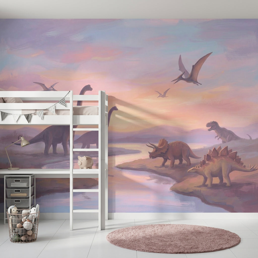 Gün Batımı Dinozor İllüstrasyonlu Poster Duvar Kağıdı Çocuk Odası