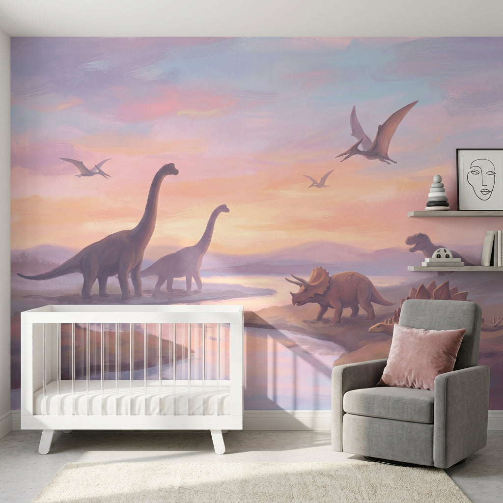 Gün Batımı Dinozor İllüstrasyonlu Poster Duvar Kağıdı Çocuk Odası