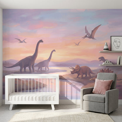 Gün Batımı Dinozor İllüstrasyonlu Poster Duvar Kağıdı Çocuk Odası