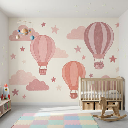 Pembe Sıcak Hava Balonlu Poster Duvar Kağıdı Çocuk Odası