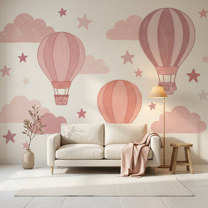 Pembe Sıcak Hava Balonlu Poster Duvar Kağıdı Çocuk Odası