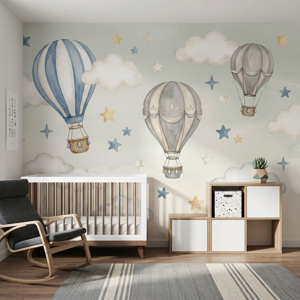 Uçan Balonlu Poster Duvar Kağıdı Mavi Yıldızlı Bebek Odası