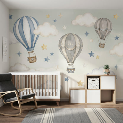 Uçan Balonlu Poster Duvar Kağıdı Mavi Yıldızlı Bebek Odası