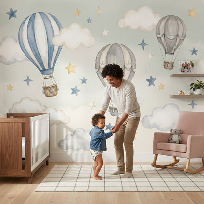 Uçan Balonlu Poster Duvar Kağıdı Mavi Yıldızlı Bebek Odası