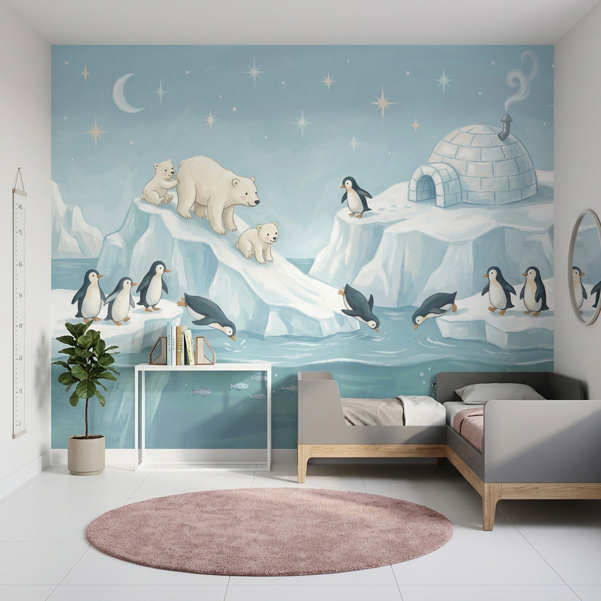 Kutup Ayısı ve Penguenli Poster Duvar Kağıdı Mavi Çocuk Odası