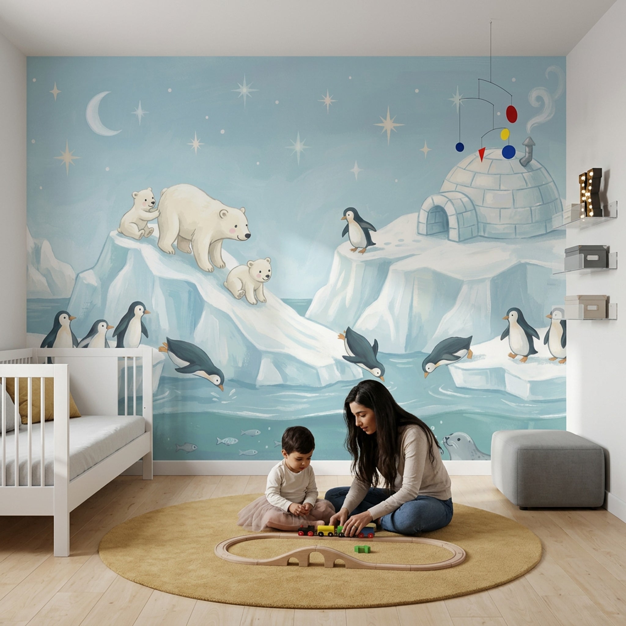 Kutup Ayısı ve Penguenli Poster Duvar Kağıdı Mavi Çocuk Odası