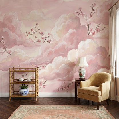 Pembe Bulutlu Çiçek Dallı Poster Duvar Kağıdı Çocuk Odası