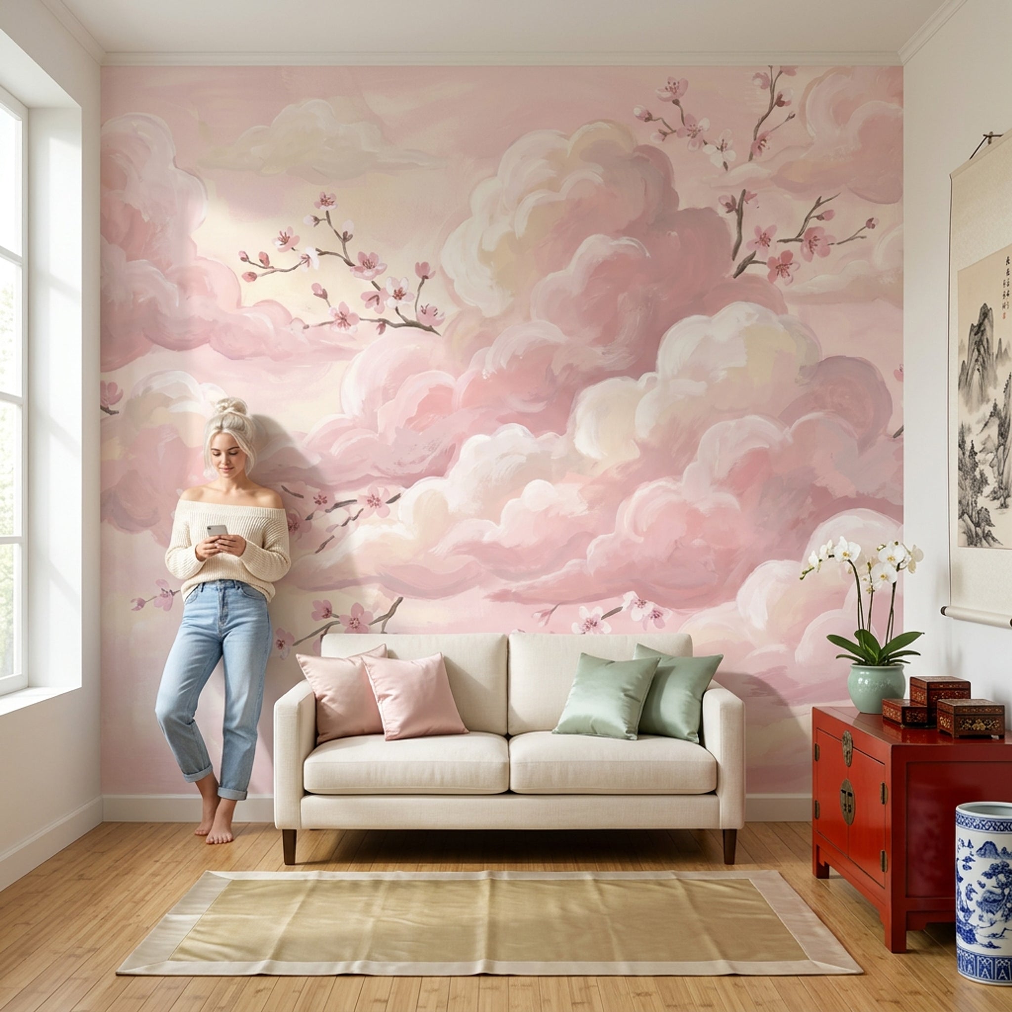 Pembe Bulutlu Çiçek Dallı Poster Duvar Kağıdı Çocuk Odası