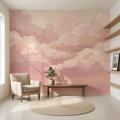 Pastel Bulutlu Poster Duvar Kağıdı Pudra Pembe Bebek Odası