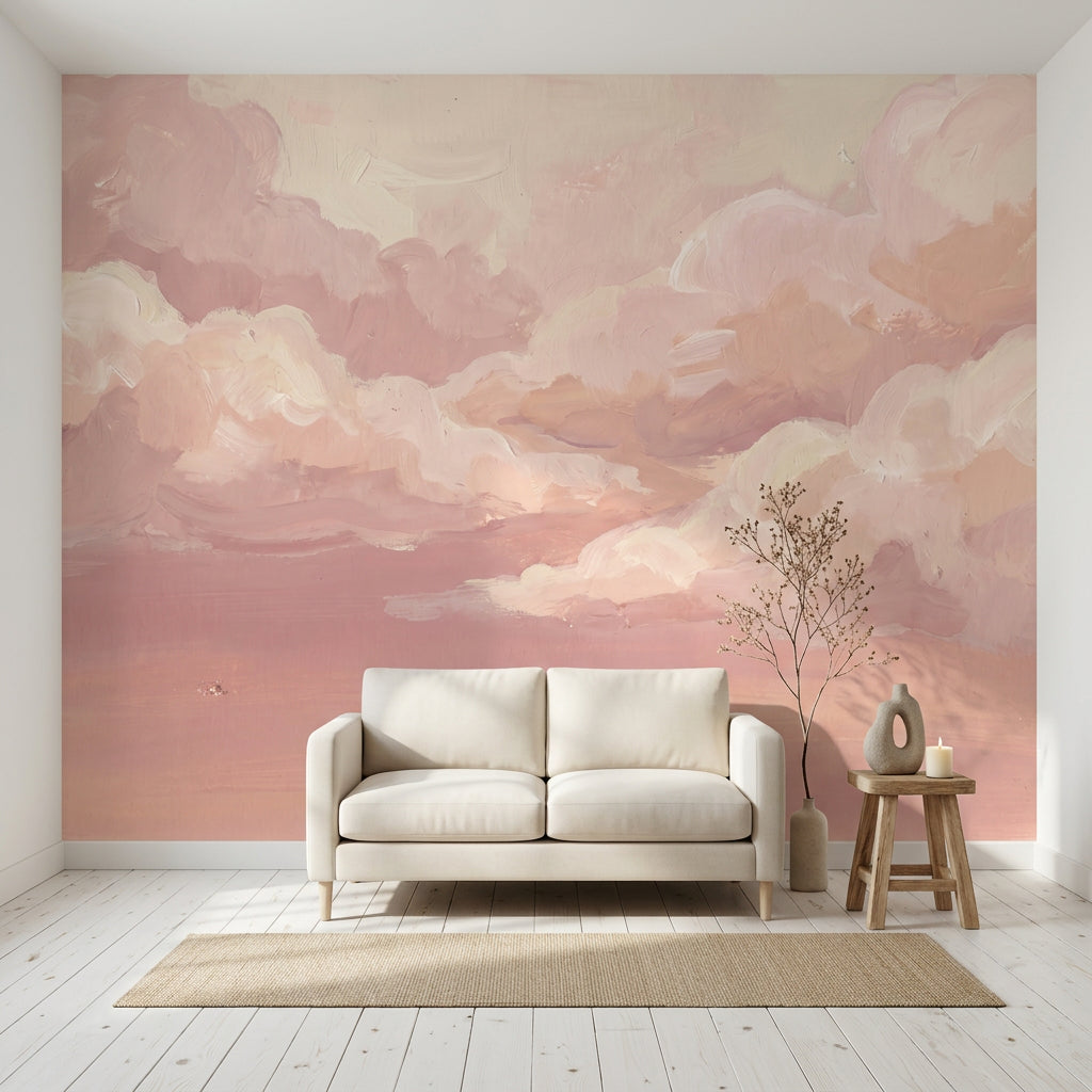 Pastel Bulutlu Poster Duvar Kağıdı Pudra Pembe Bebek Odası