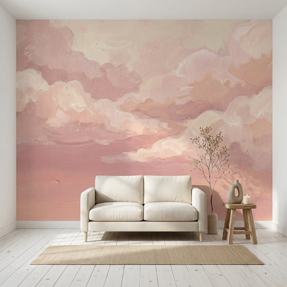 Pastel Bulutlu Poster Duvar Kağıdı Pudra Pembe Bebek Odası