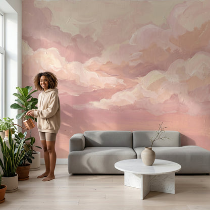 Pastel Bulutlu Poster Duvar Kağıdı Pudra Pembe Bebek Odası