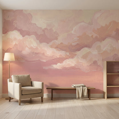 Pastel Bulutlu Poster Duvar Kağıdı Pudra Pembe Bebek Odası