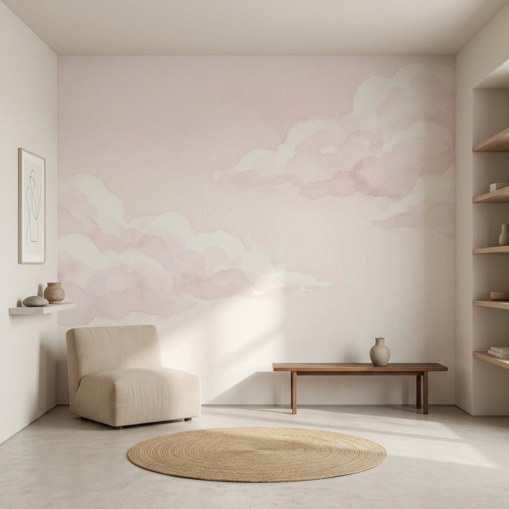 Pastel Bulut Desenli Poster Duvar Kağıdı Pudra Pembe Bebek Odası