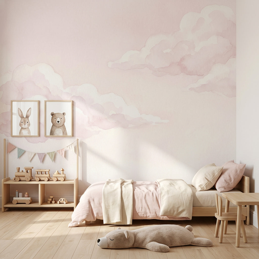 Pastel Bulut Desenli Poster Duvar Kağıdı Pudra Pembe Bebek Odası