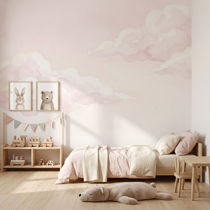 Pastel Bulut Desenli Poster Duvar Kağıdı Pudra Pembe Bebek Odası