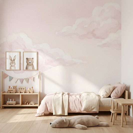 Pastel Bulut Desenli Poster Duvar Kağıdı Pudra Pembe Bebek Odası