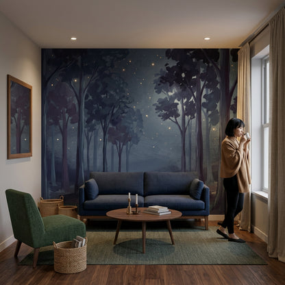 Gece Ormanı Poster Duvar Kağıdı Lacivert Minimal Salon
