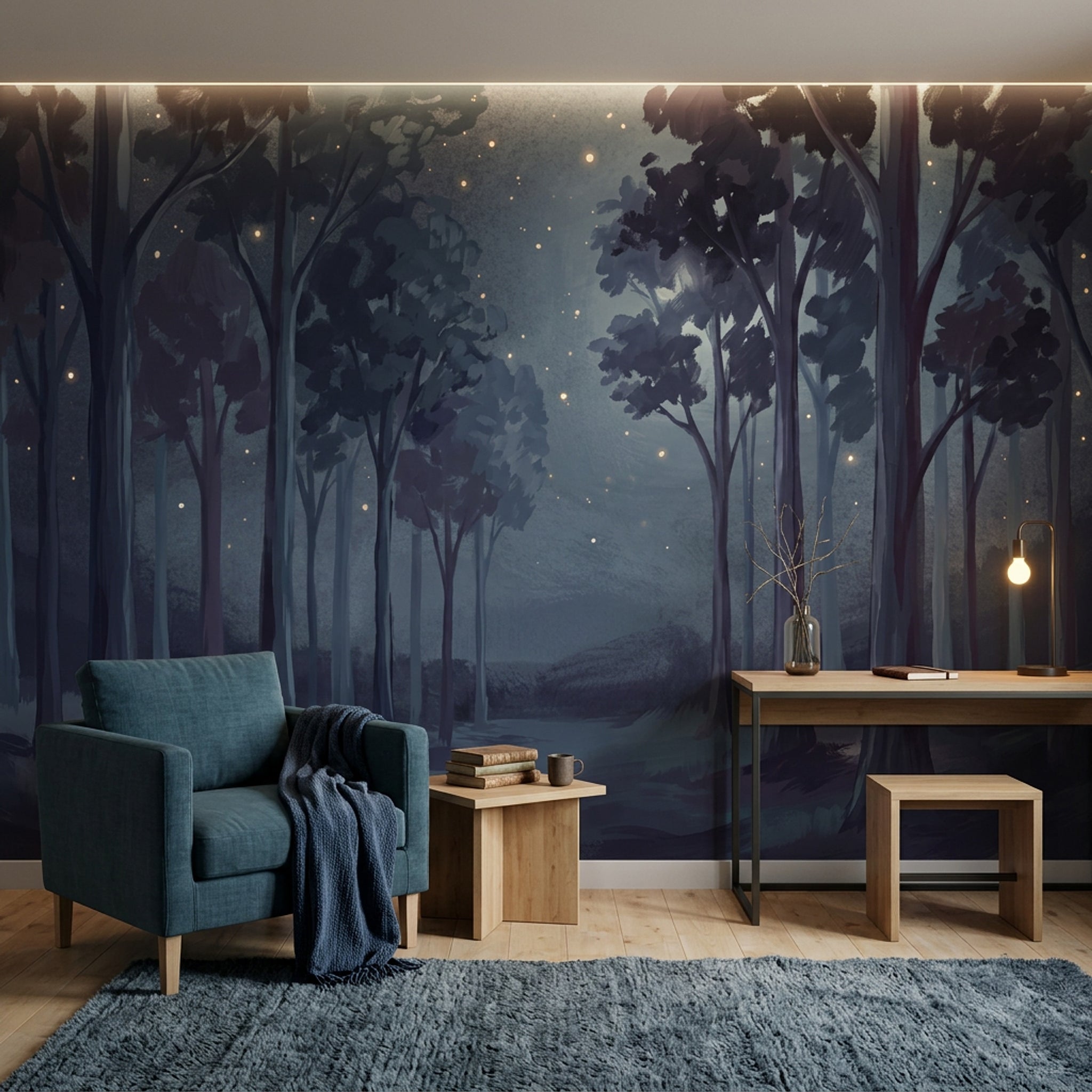 Gece Ormanı Poster Duvar Kağıdı Lacivert Minimal Salon