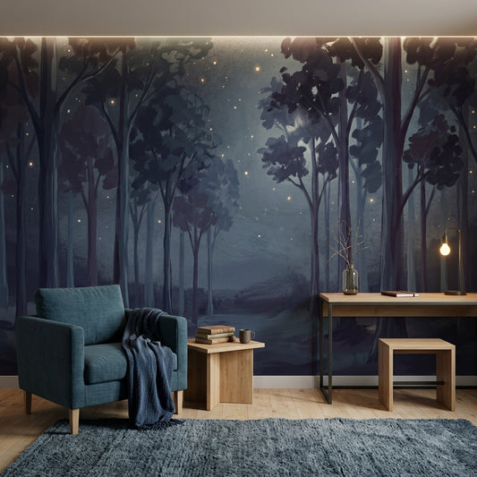 Gece Ormanı Poster Duvar Kağıdı Lacivert Minimal Salon