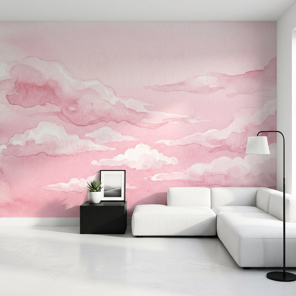Pembe Sulu Boya Bulut Poster Duvar Kağıdı Çocuk Odası