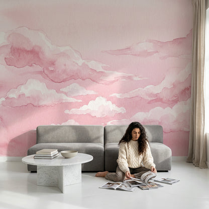 Pembe Sulu Boya Bulut Poster Duvar Kağıdı Çocuk Odası