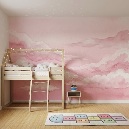 Pembe Sulu Boya Bulut Poster Duvar Kağıdı Çocuk Odası