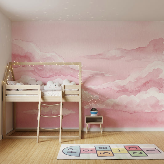 Pembe Sulu Boya Bulut Poster Duvar Kağıdı Çocuk Odası