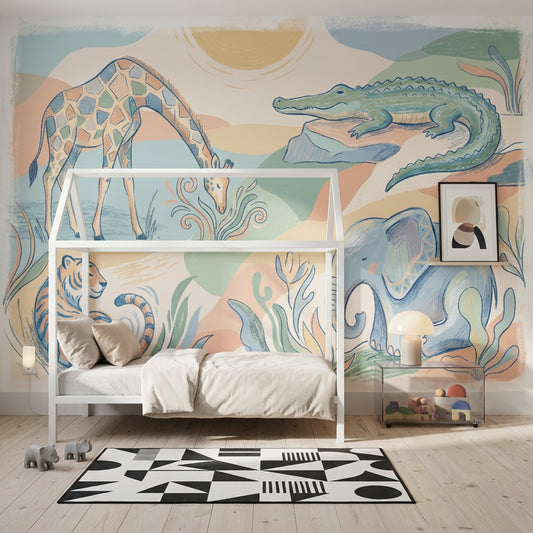 Safari Hayvanlı Poster Duvar Kağıdı Pastel Renkli Çocuk Odası