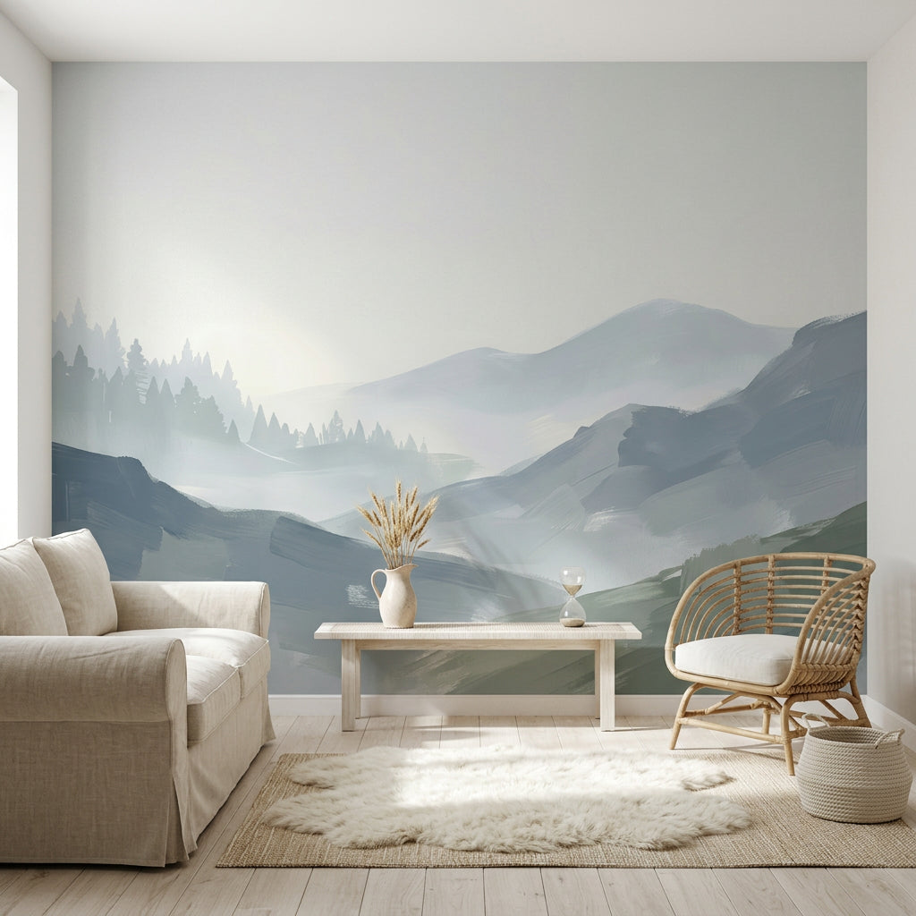 Sisli Dağ Manzaralı Poster Duvar Kağıdı Pastel Mavi Yeşil Salon